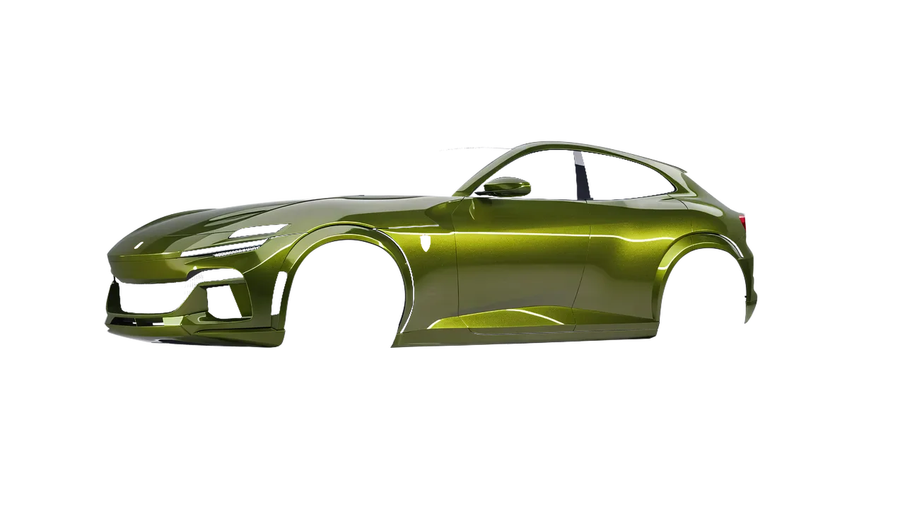 Ferrari Purosangue 2024 wrapped in Verde Solaris Gloss (KPMF K75439), front three-quarter view