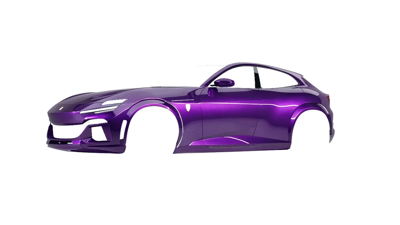 Ferrari Purosangue 2024 wrapped in Violet Gloss (ORACAL 970RA-406G), front three-quarter view