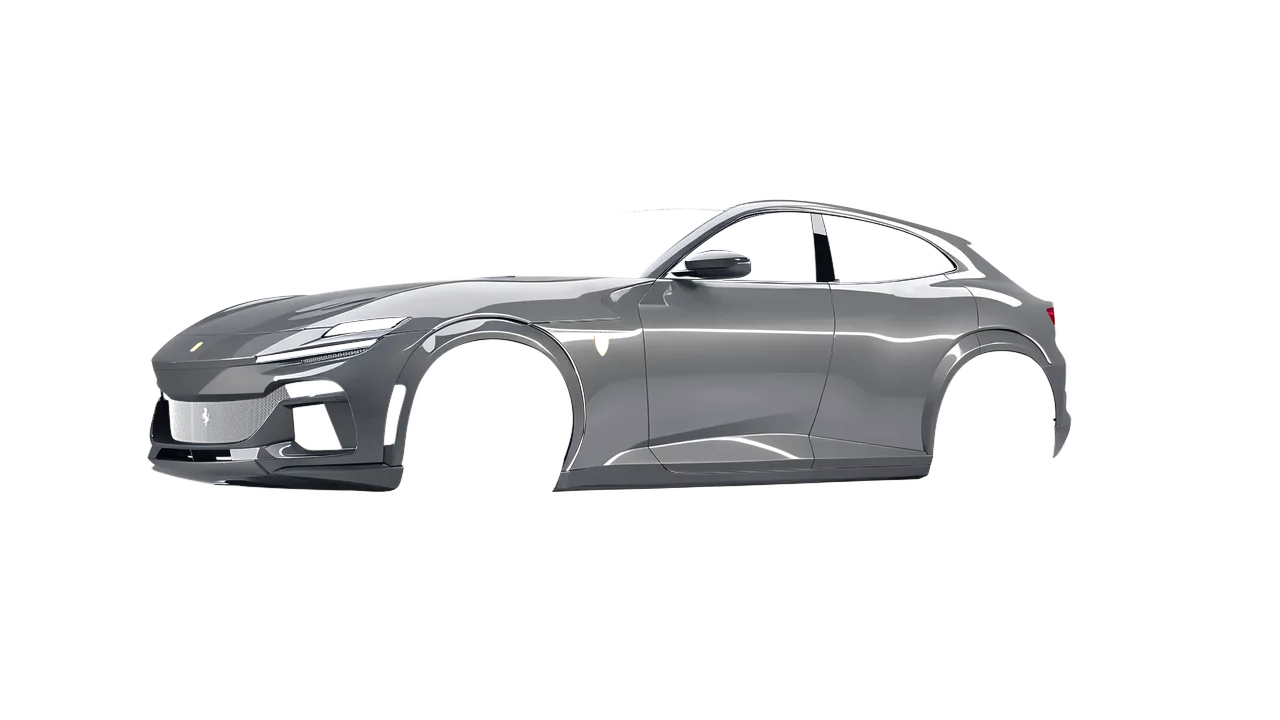 Ferrari Purosangue 2024 wrapped in Misty Grey (Avery Dennison SW900-827-O), front three-quarter view