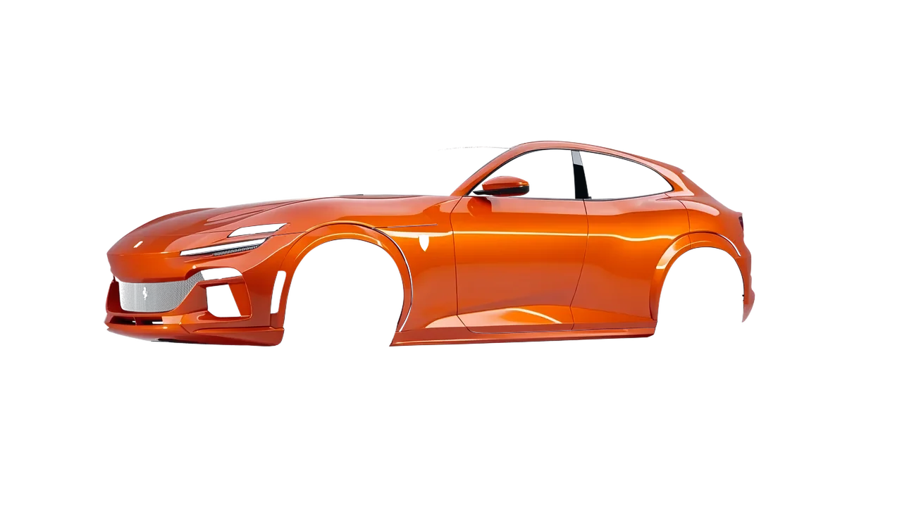 Ferrari Purosangue 2024 wrapped in Gloss Orange (Avery Dennison SW900-373-O), front three-quarter view