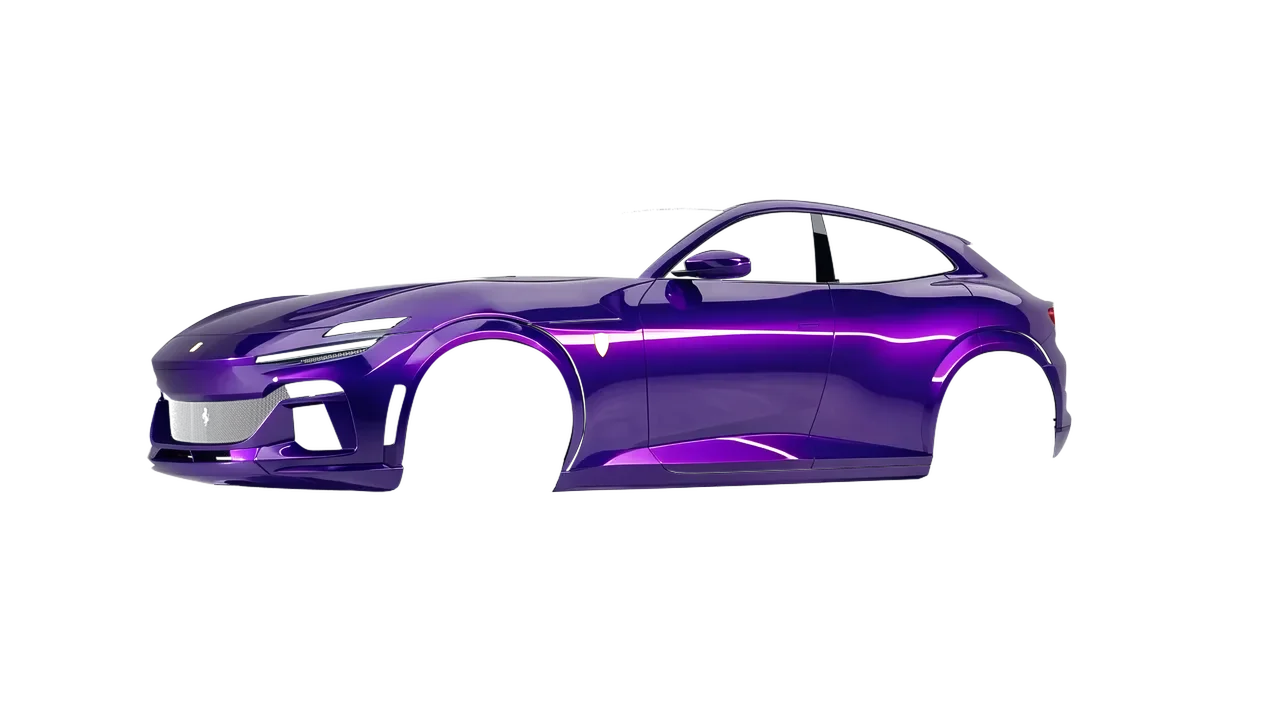 Ferrari Purosangue 2024 wrapped in Plum Explosion (3M GP258), front three-quarter view
