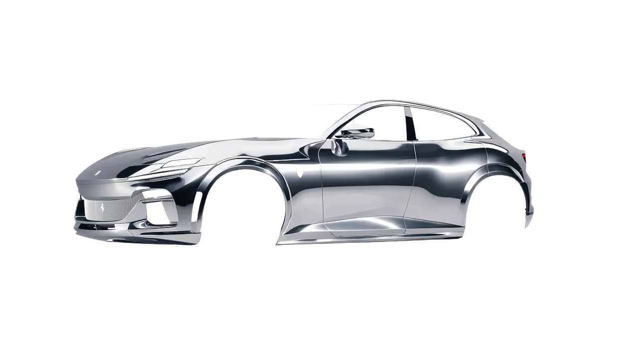 Ferrari Purosangue 2024 wrapped in Gloss Silver Chrome (3M GC451), front three-quarter view