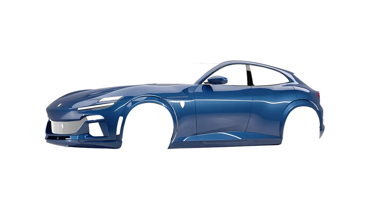 Ferrari Purosangue 2024 wrapped in Smoky Blue (Avery Dennison SW900-612-O), front three-quarter view