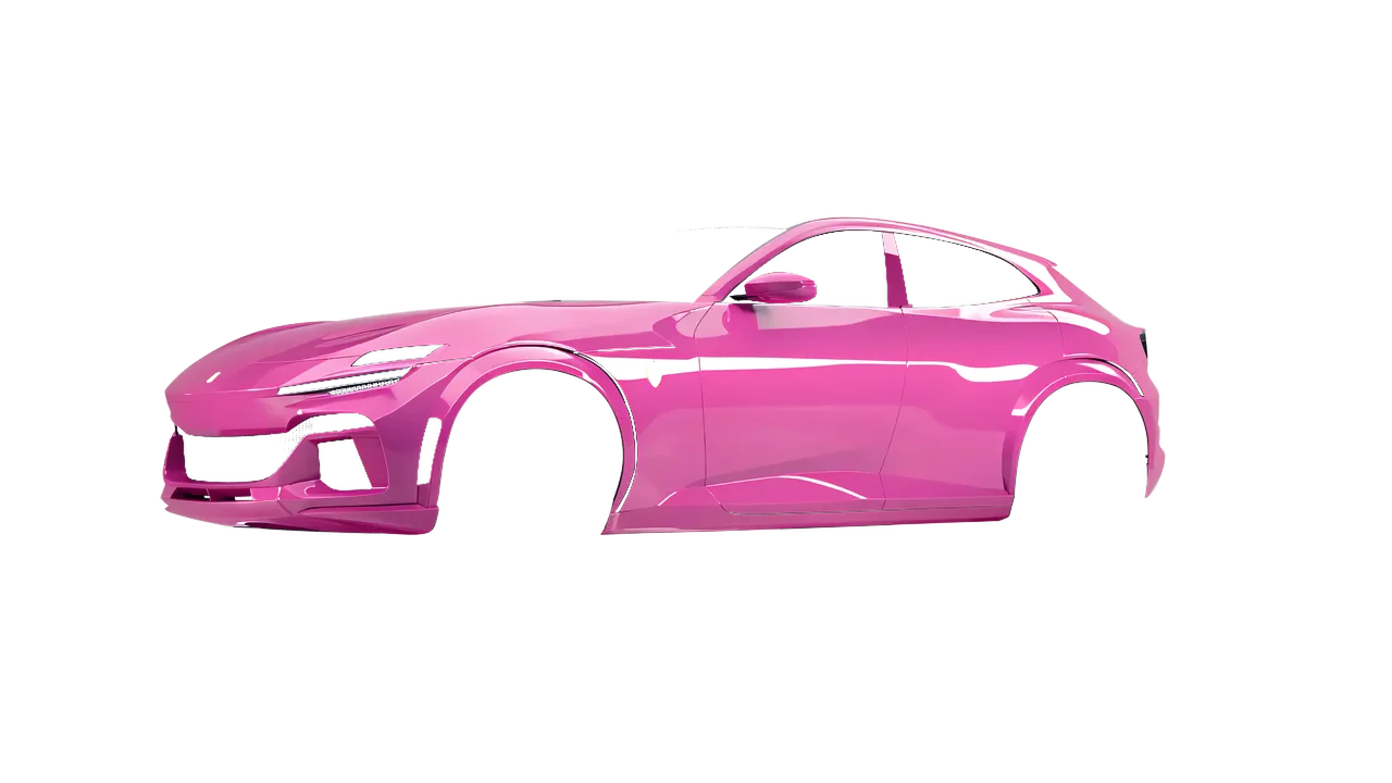 Ferrari Purosangue 2024 wrapped in Soft Pink Gloss (ORACAL 970RA-045G), front three-quarter view