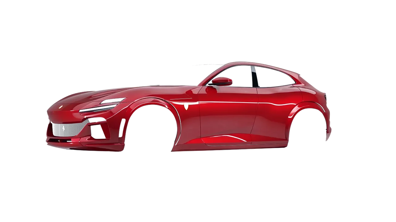 Ferrari Purosangue 2024 wrapped in Soft Red (Avery Dennison SW900-427-O), front three-quarter view