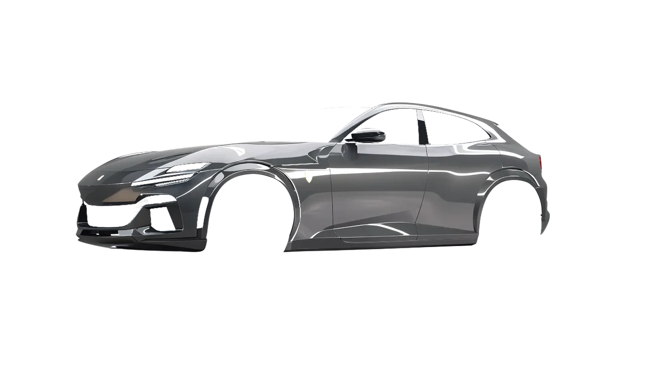 Ferrari Purosangue 2024 wrapped in Telegrey Gloss (ORACAL 970RA-076G), front three-quarter view
