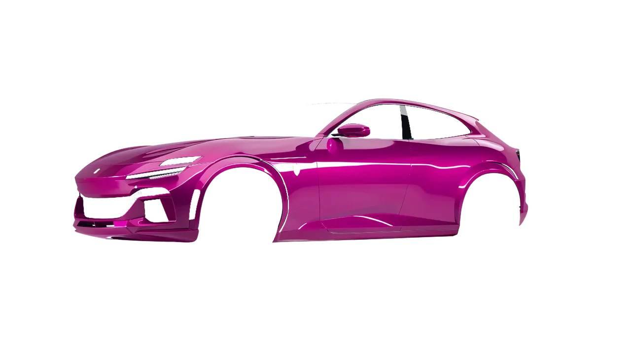 Ferrari Purosangue 2024 wrapped in Telemagenta Gloss (ORACAL 970RA-077G), front three-quarter view