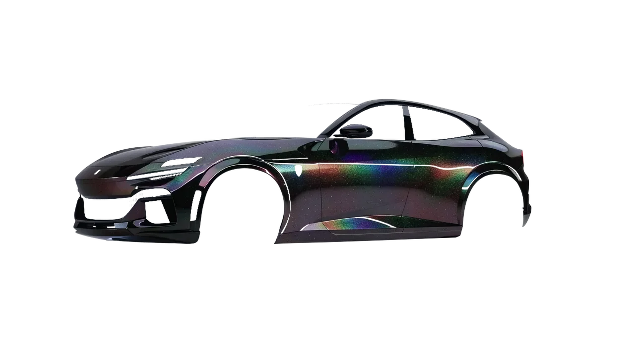 Ferrari Purosangue 2024 wrapped in High Gloss Flip Black Psychedelic (3M HGP221), front three-quarter view