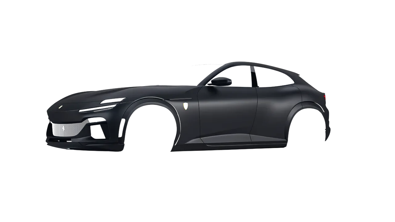 Ferrari Purosangue 2024 wrapped in Matte Black (3M M12), front three-quarter view