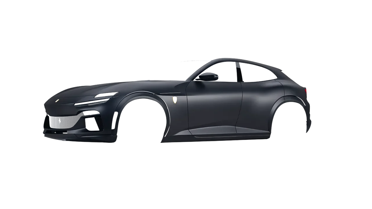 Ferrari Purosangue 2024 wrapped in Matte Black (Avery Dennison SW900-180-O), front three-quarter view