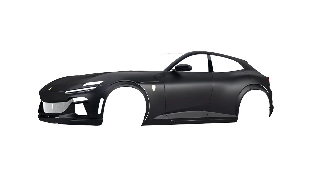 Ferrari Purosangue 2024 wrapped in Dead Matte Black (3M DM12), front three-quarter view