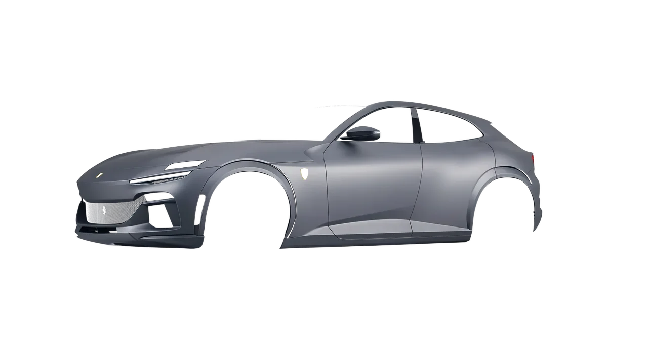 Ferrari Purosangue 2024 wrapped in Gray Aluminum (3M M230), front three-quarter view