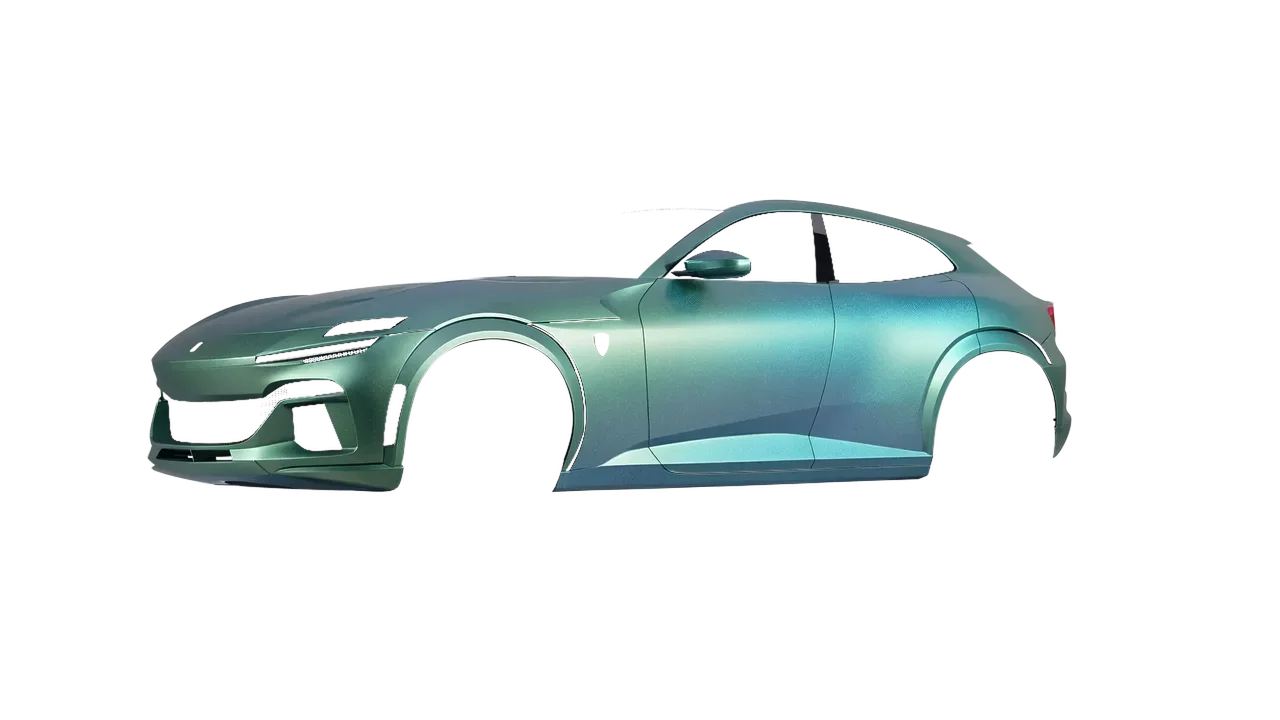 Ferrari Purosangue 2024 wrapped in Arctic Borealis (KPMF K75509), front three-quarter view