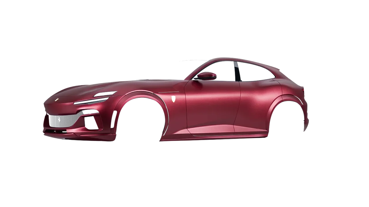 Ferrari Purosangue 2024 wrapped in Cherry (Avery Dennison SW900-444-M), front three-quarter view