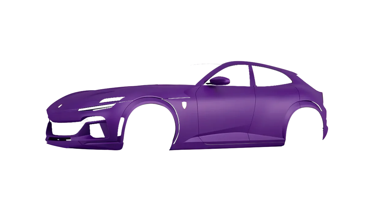 Ferrari Purosangue 2024 wrapped in Matt Iced Amethyst Titanium (KPMF K75568), front three-quarter view