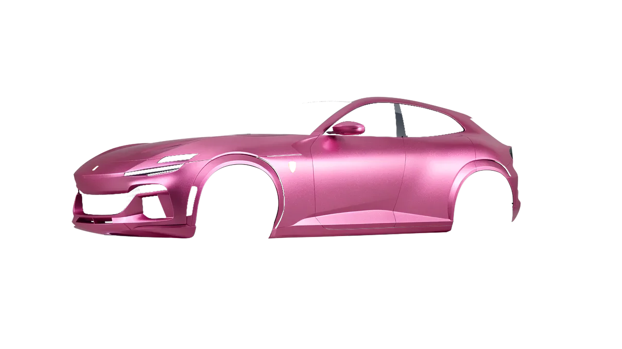 Ferrari Purosangue 2024 wrapped in Matt Iced Pink Titanium (KPMF K75504), front three-quarter view
