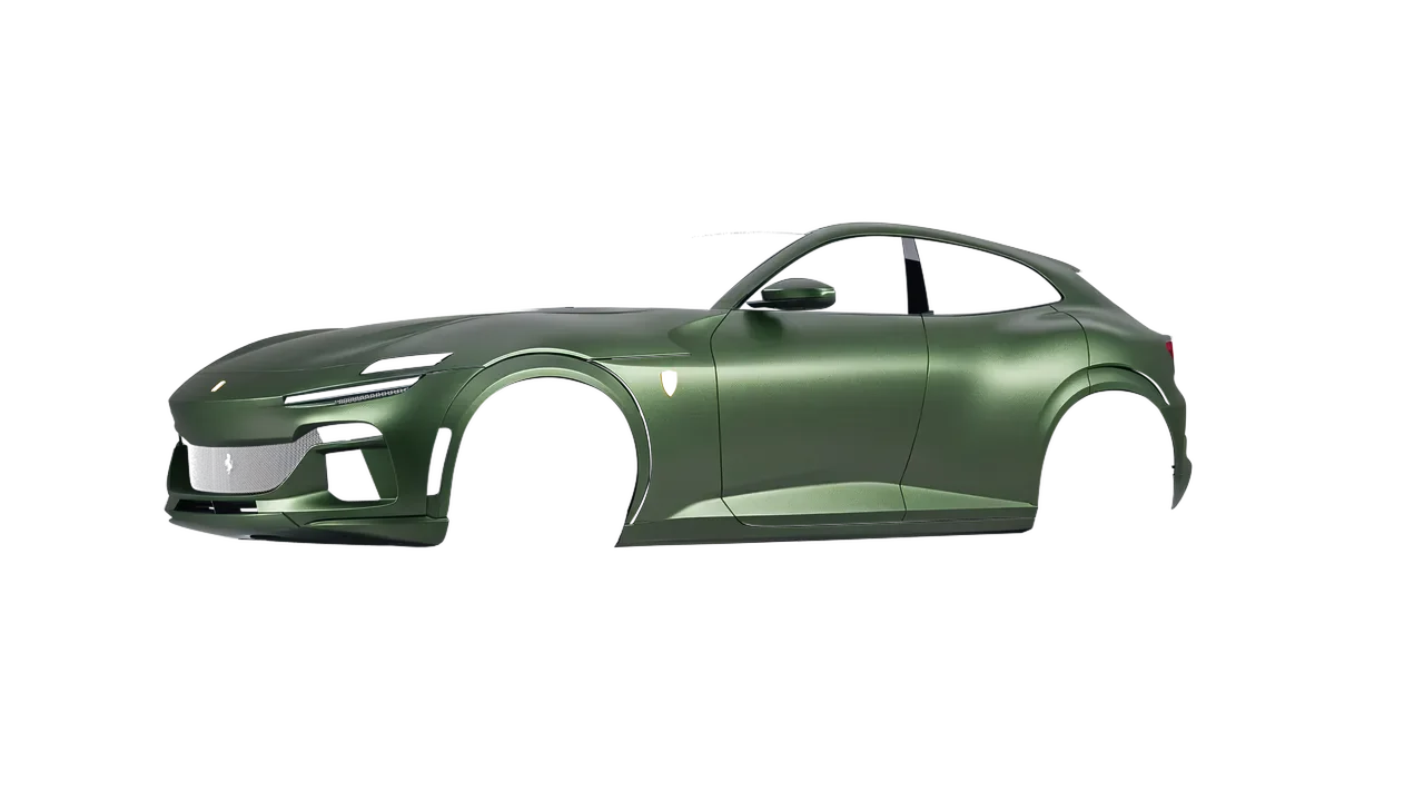 Ferrari Purosangue 2024 wrapped in Moss Green (Avery Dennison SW900-737-M), front three-quarter view
