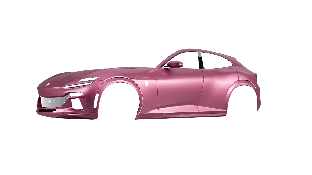 Ferrari Purosangue 2024 wrapped in Matte Metallic Pink (Avery Dennison SW900-520-M), front three-quarter view