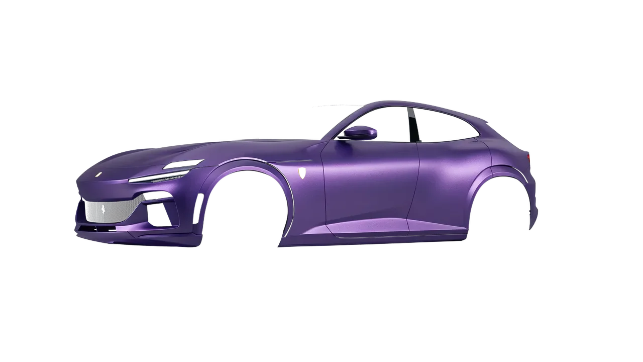 Ferrari Purosangue 2024 wrapped in Matte Metallic Purple (Avery Dennison SW900-565-M), front three-quarter view