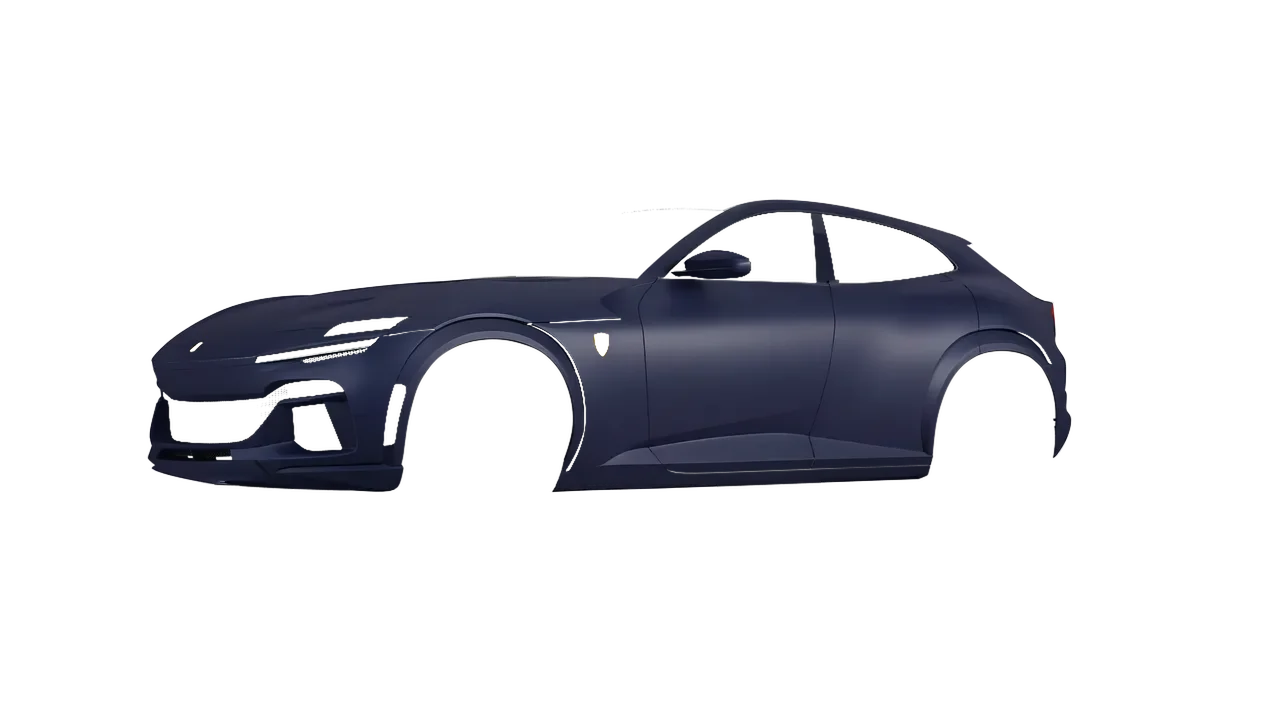 Ferrari Purosangue 2024 wrapped in Matt Tempest Blue (KPMF K75513), front three-quarter view