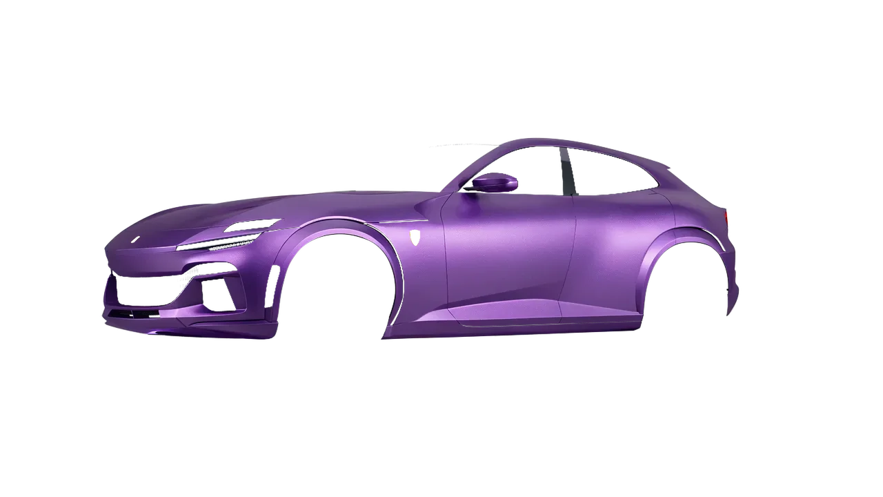 Ferrari Purosangue 2024 wrapped in Violet Matt (ORACAL 970RA-406M), front three-quarter view