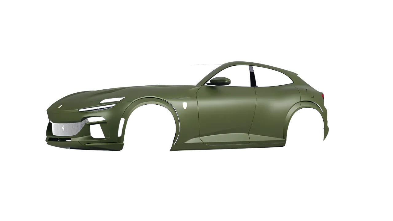 Ferrari Purosangue 2024 wrapped in Military Green (3M M26), front three-quarter view