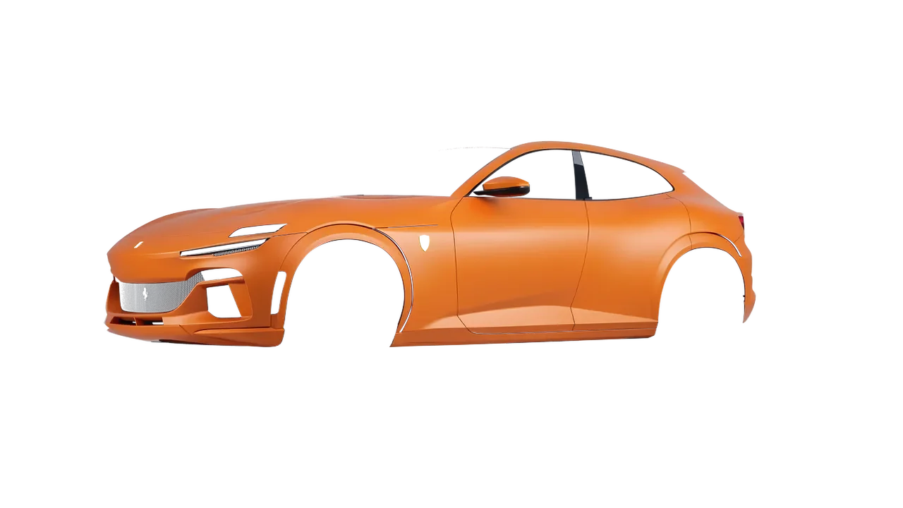 Ferrari Purosangue 2024 wrapped in Matte Orange (Avery Dennison SW900-321-O), front three-quarter view