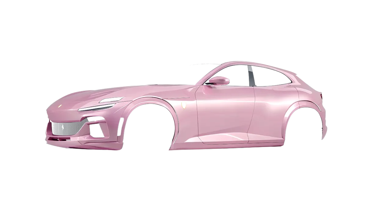 Ferrari Purosangue 2024 wrapped in Gloss Pearl Tutu Pink (Avery Dennison SW900-523-S), front three-quarter view