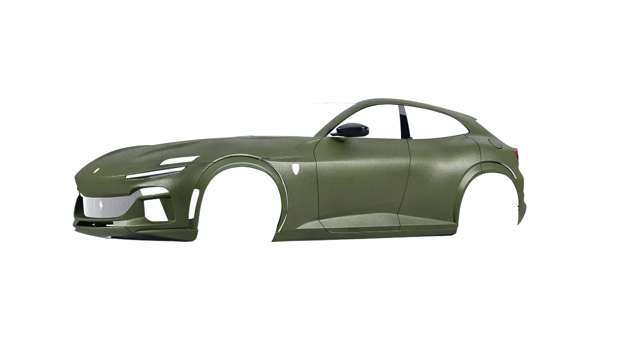 Ferrari Purosangue 2024 wrapped in Rugged Combat Green (Avery Dennison SW900-718-X), front three-quarter view