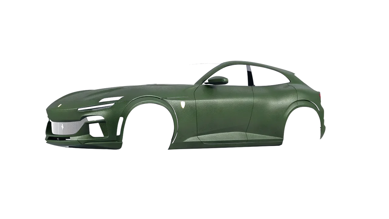 Ferrari Purosangue 2024 wrapped in Rugged Marsh Green (Avery Dennison SW900-738-X), front three-quarter view