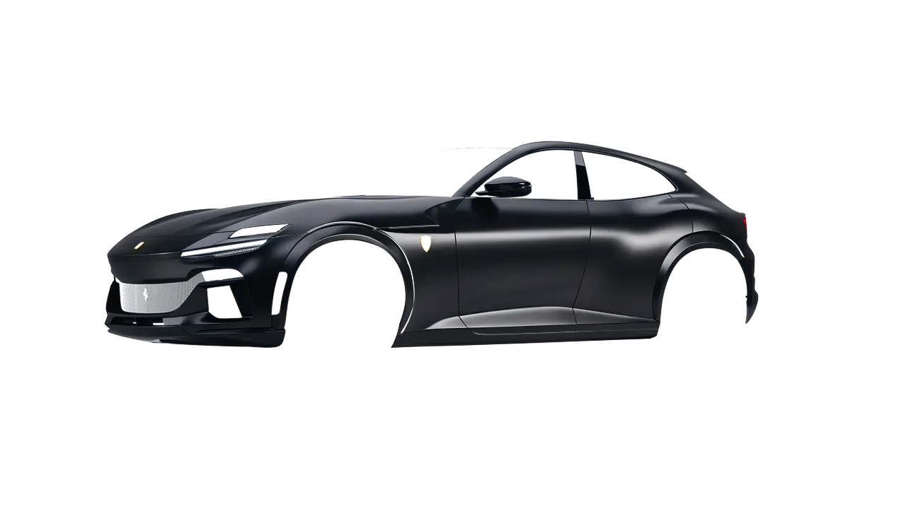 Ferrari Purosangue 2024 wrapped in Satin Black (Avery Dennison SW900-197-O), front three-quarter view