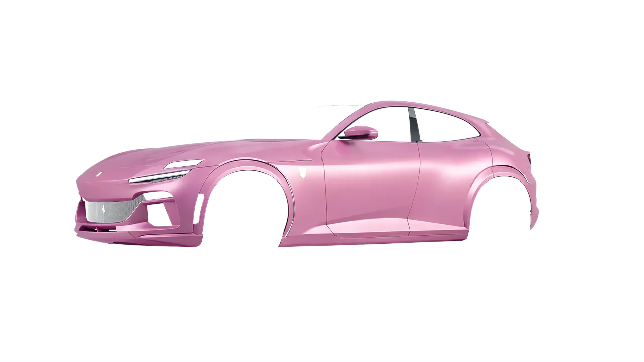 Ferrari Purosangue 2024 wrapped in Bubblegum Pink (Avery Dennison SW900-514-O), front three-quarter view