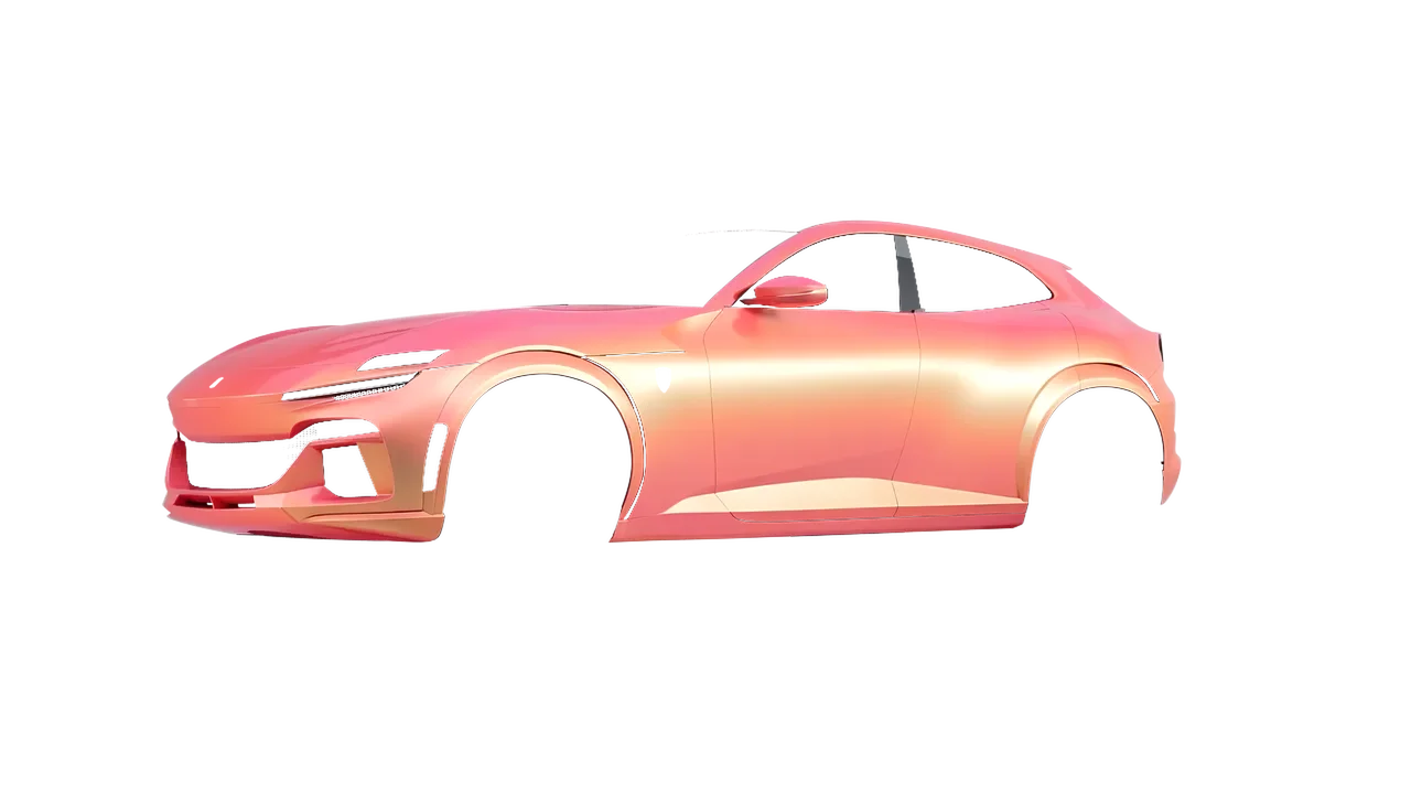 Ferrari Purosangue 2024 wrapped in Satin Flip Electric Coral (3M SP213), front three-quarter view