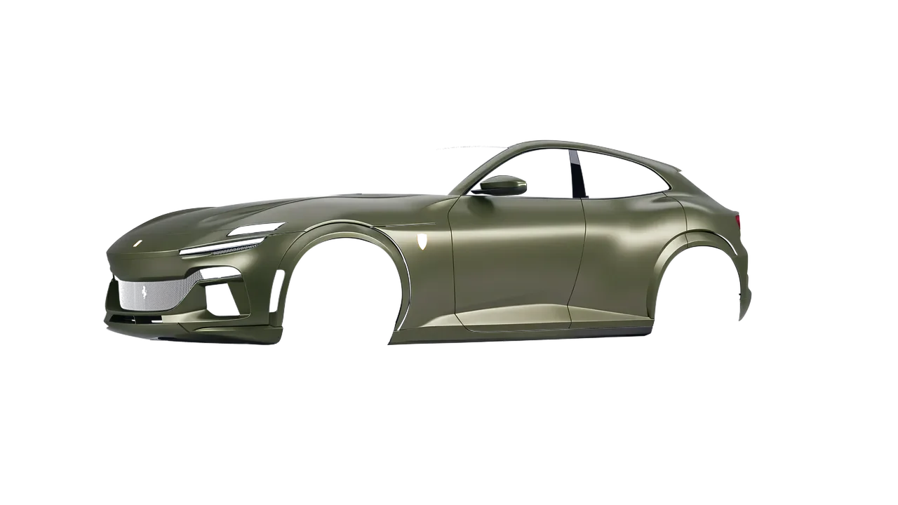 Ferrari Purosangue 2024 wrapped in Khaki Green (Avery Dennison SW900-712-O), front three-quarter view