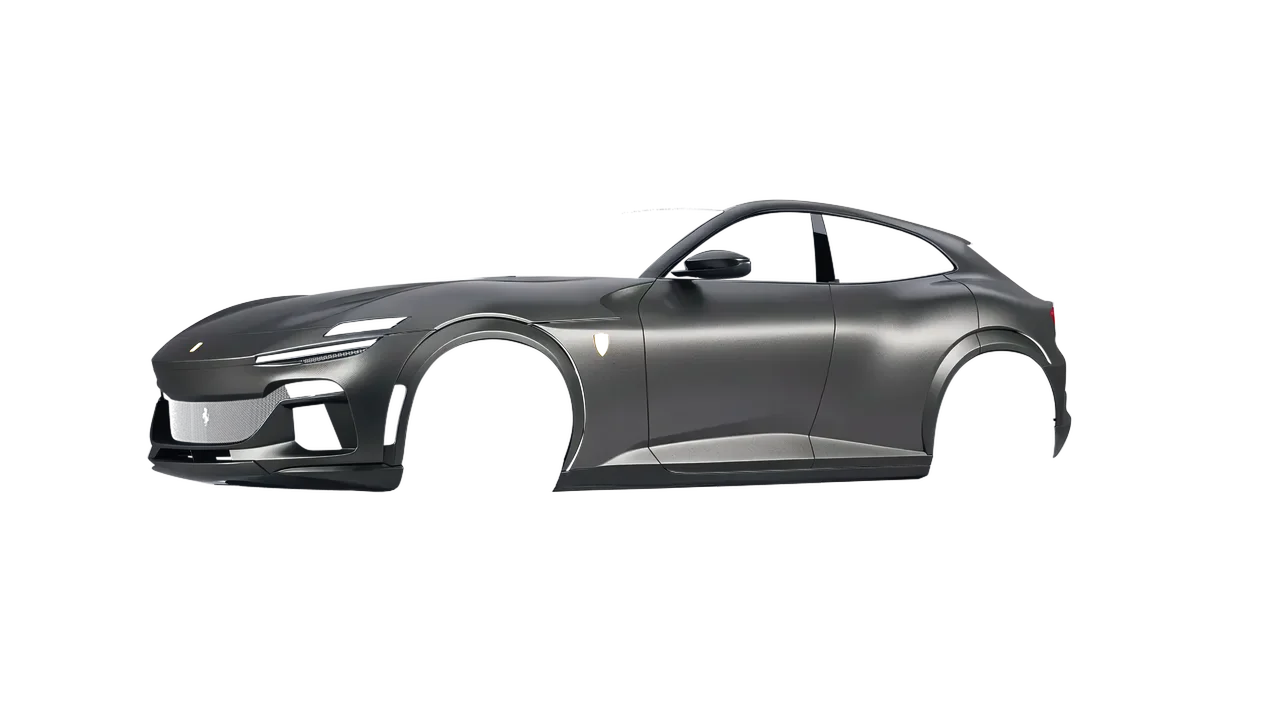 Ferrari Purosangue 2024 wrapped in Black Rock Grey (Avery Dennison SW900-823-M), front three-quarter view