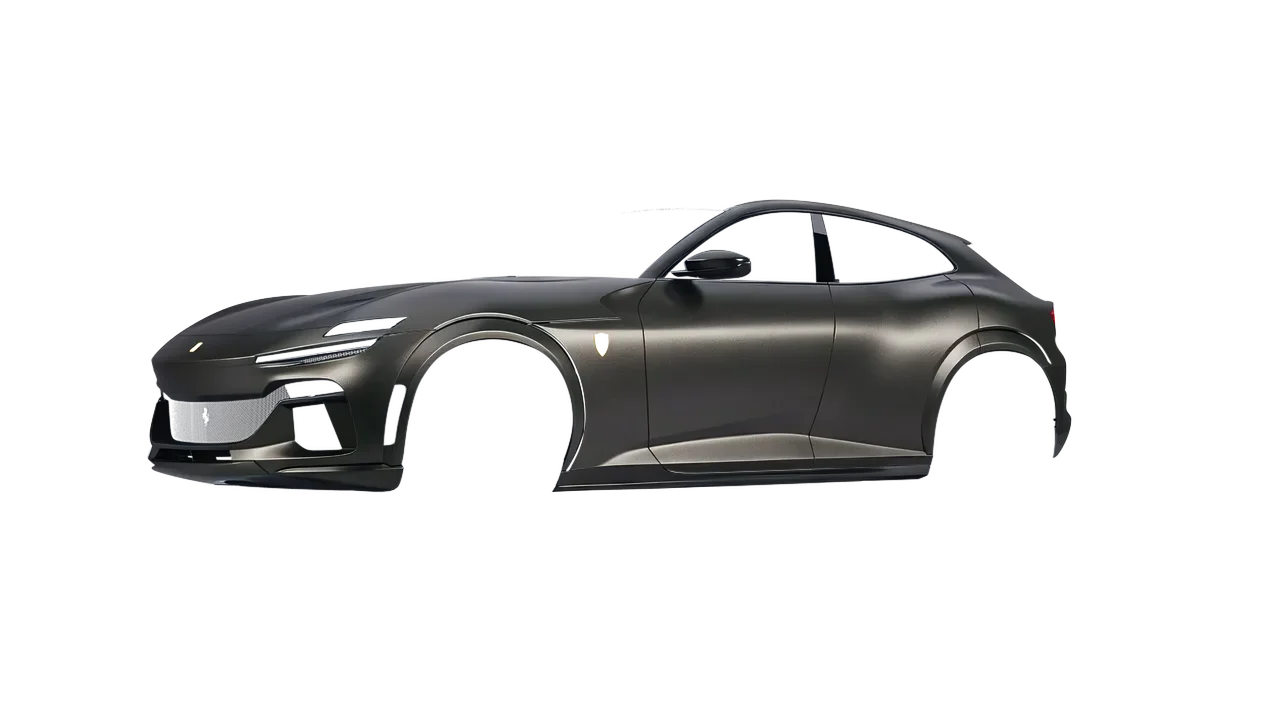 Ferrari Purosangue 2024 wrapped in Dark Basalt (Avery Dennison SW900-871-M), front three-quarter view