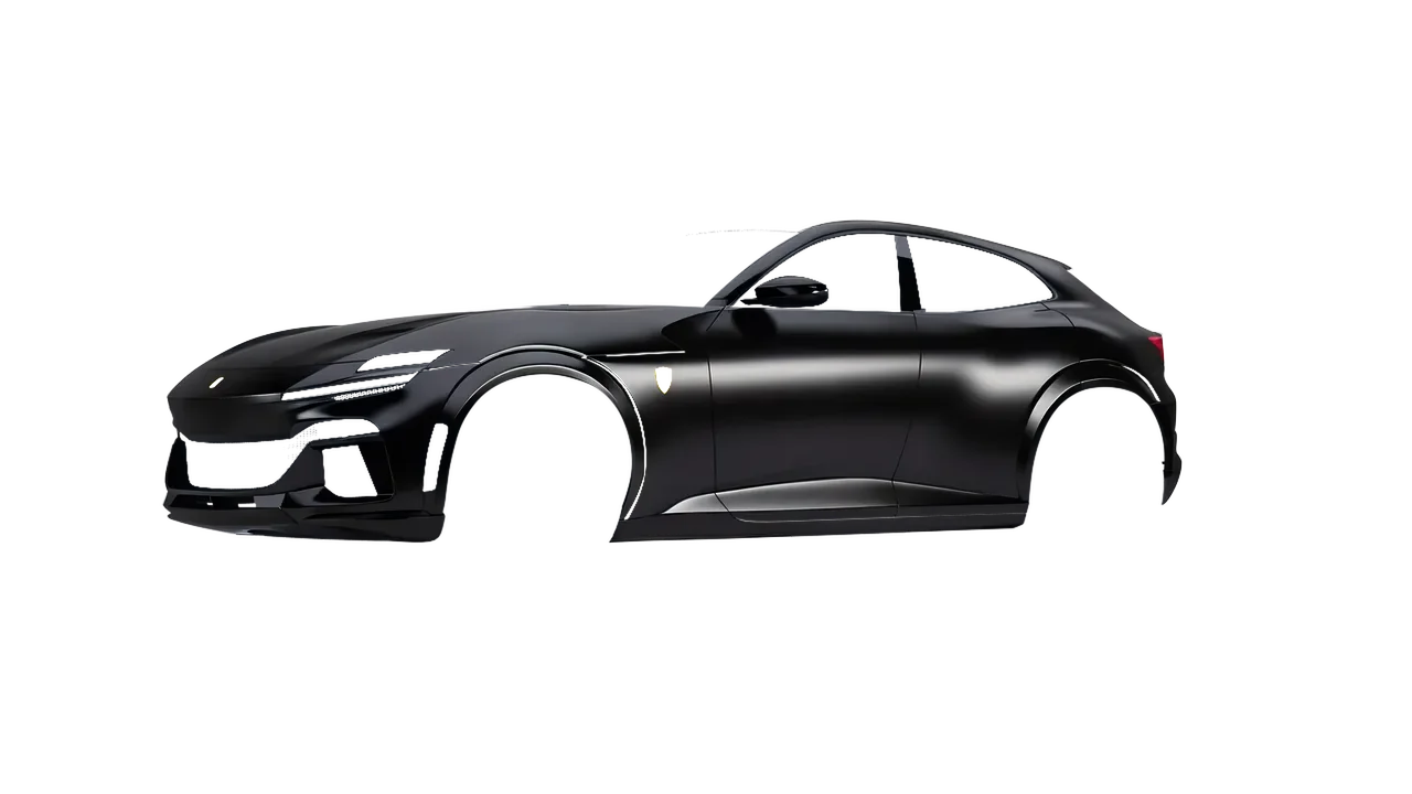 Ferrari Purosangue 2024 wrapped in Satin Perfect Black (KPMF K75530), front three-quarter view