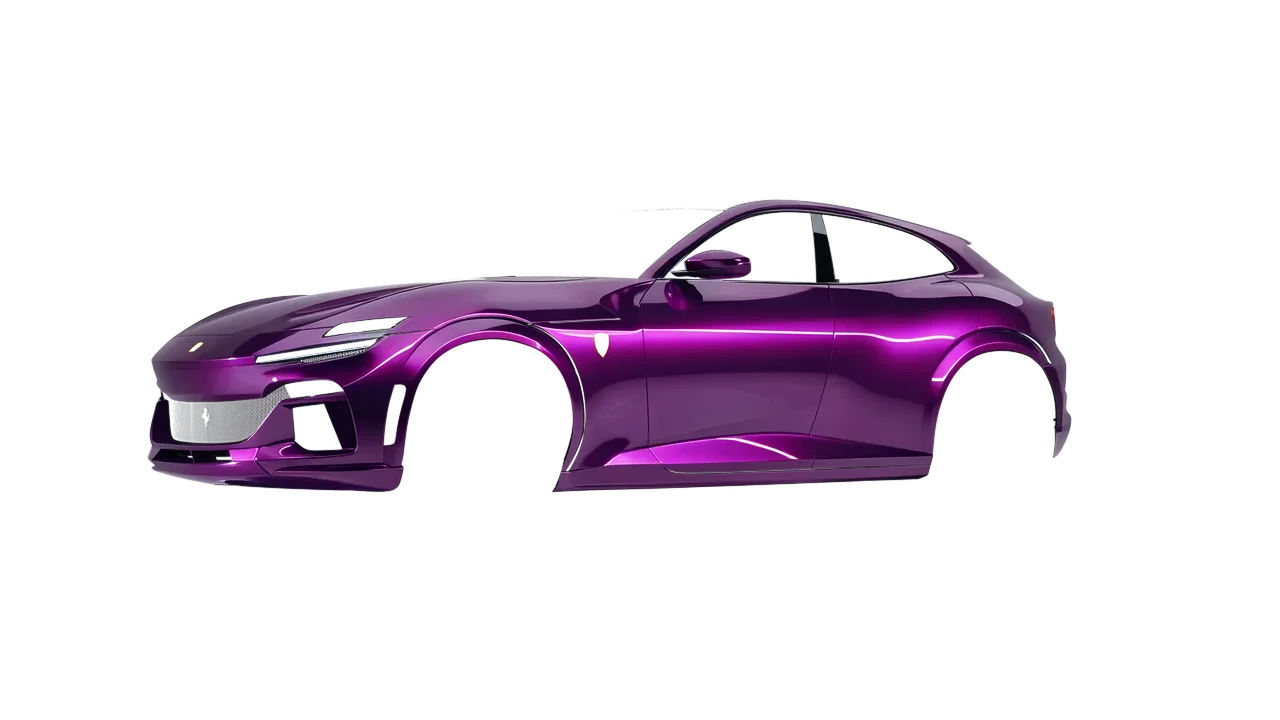 Ferrari Purosangue 2024 wrapped in Gloss Fun Purple (Avery Dennison SW900-568-S), front three-quarter view
