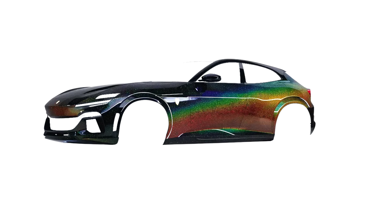 Ferrari Purosangue 2024 wrapped in Morpheus Black Starlight Gloss (KPMF K75470), front three-quarter view