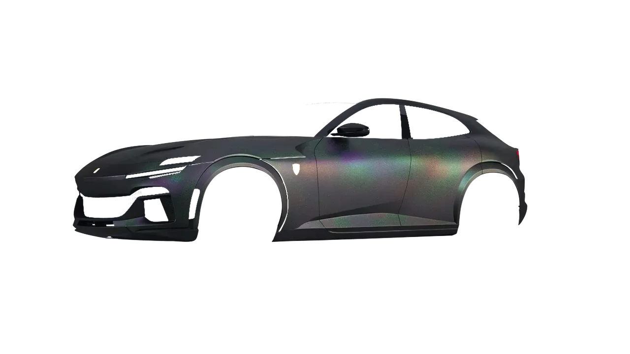 Ferrari Purosangue 2024 wrapped in Matt Morpheus Black Starlight (KPMF K75571), front three-quarter view