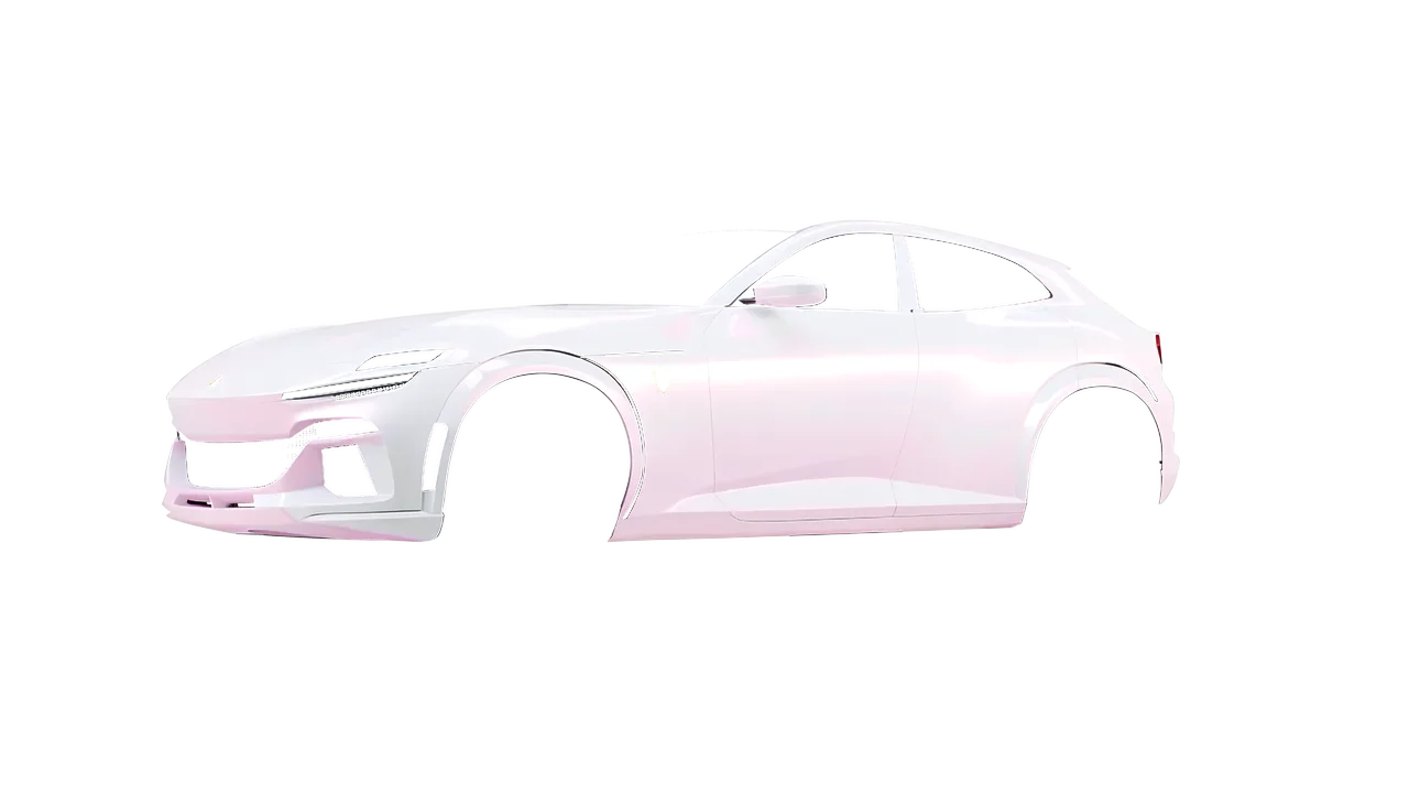 Ferrari Purosangue 2024 wrapped in Matt Pink White Starlight (KPMF K75574), front three-quarter view