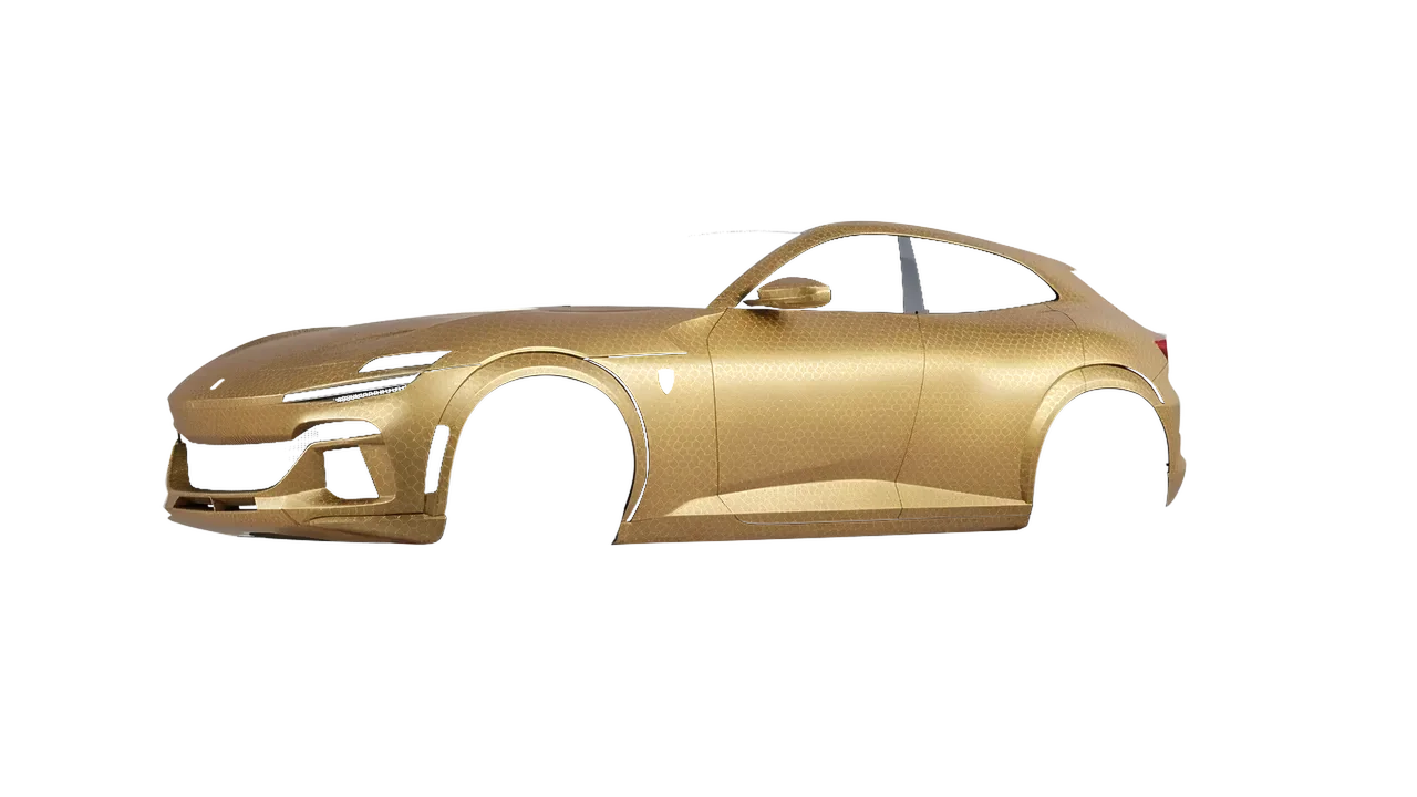 Ferrari Purosangue 2024 wrapped in Gold Honeycomb (ORACAL 975-091HC), front three-quarter view