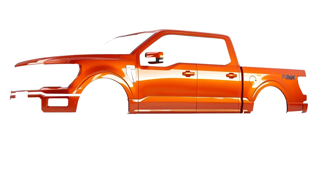 Ford F-150 Lariat 2024 wrapped in Fiery Orange (3M G364), front three-quarter view