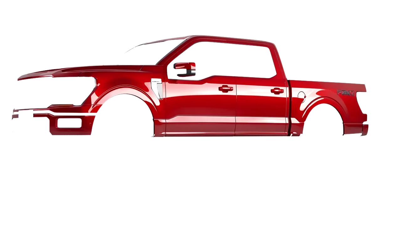 Ford F-150 Lariat 2024 wrapped in Hot Rod Red (3M G13), front three-quarter view