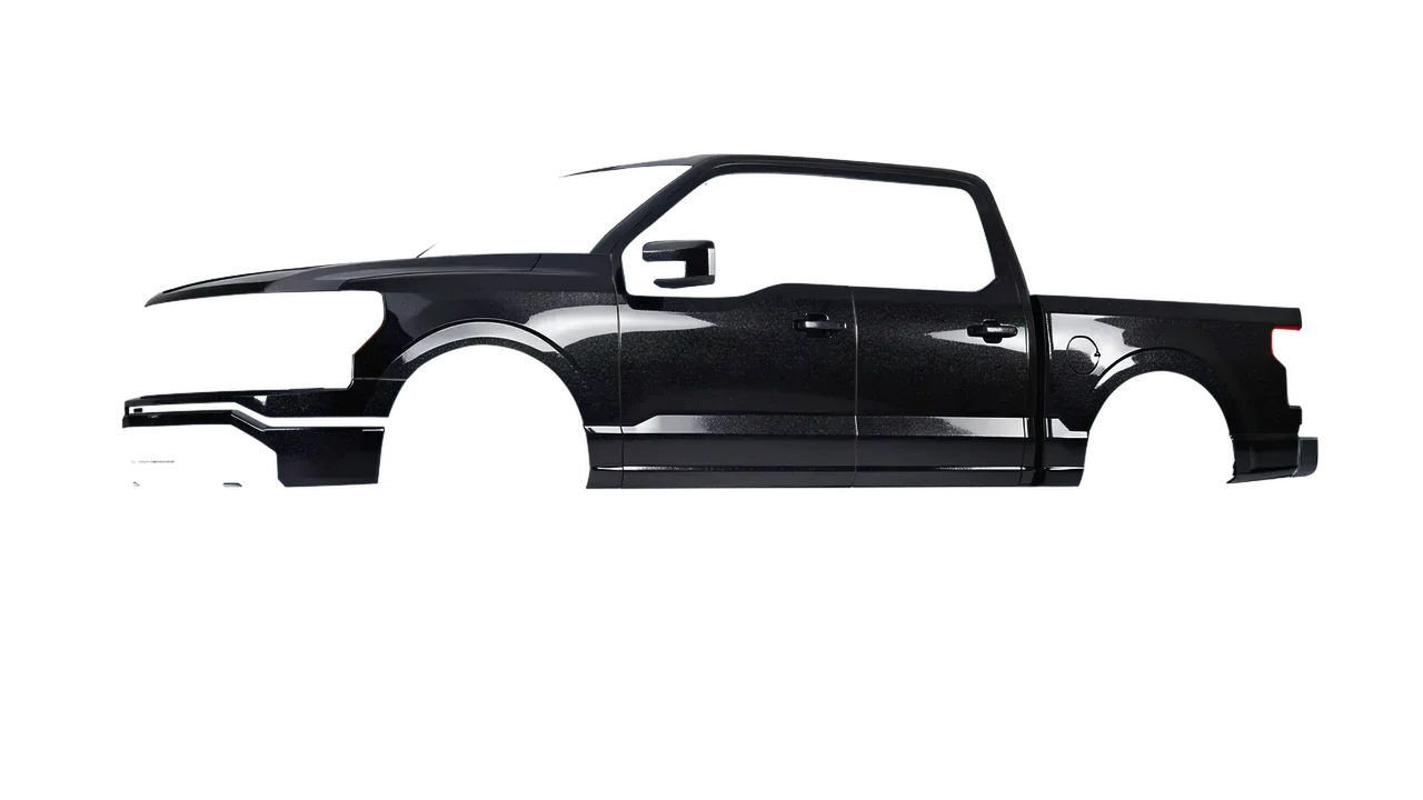 Ford F-150 Lightning 2023 wrapped in Mystery Black (Avery Dennison SW900-184-M), front three-quarter view