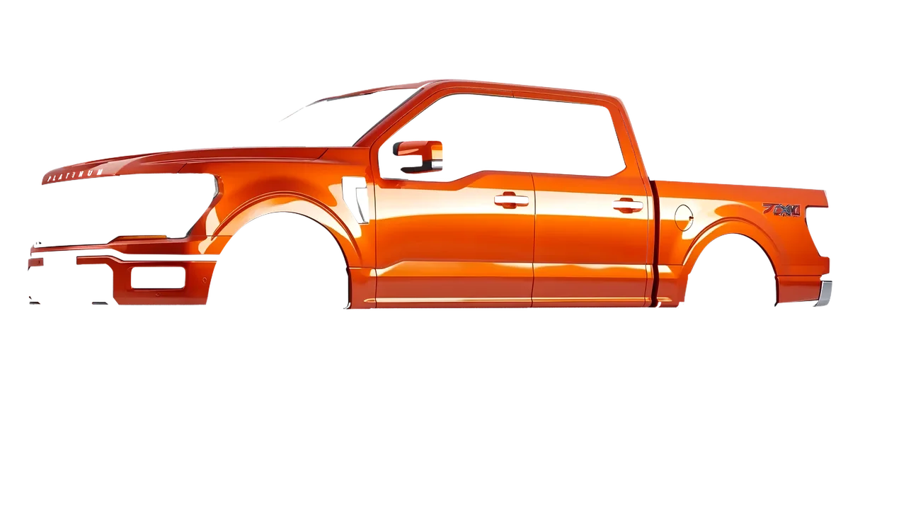 Ford F-150 Platinum 2024 wrapped in Fiery Orange (3M G364), front three-quarter view