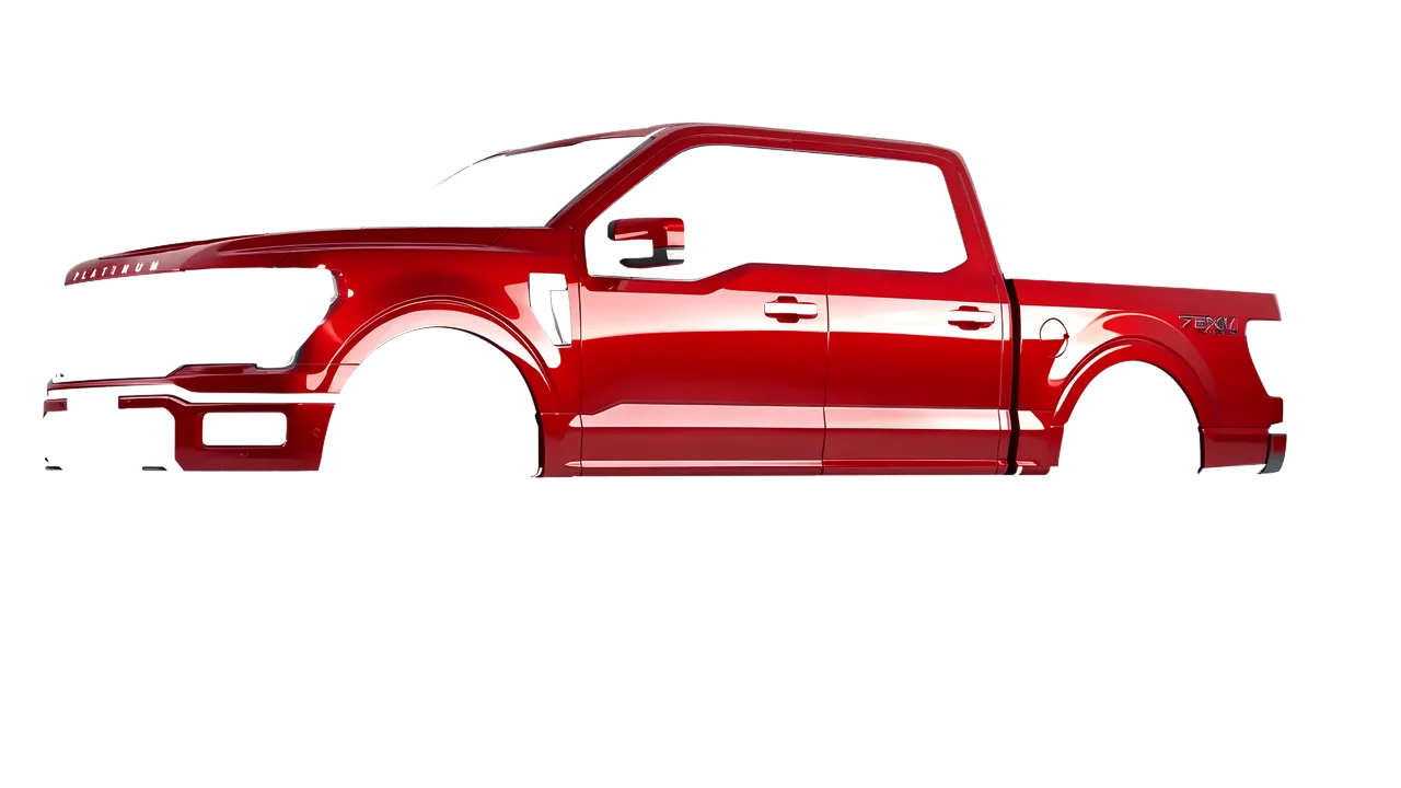 Ford F-150 Platinum 2024 wrapped in Hot Rod Red (3M G13), front three-quarter view