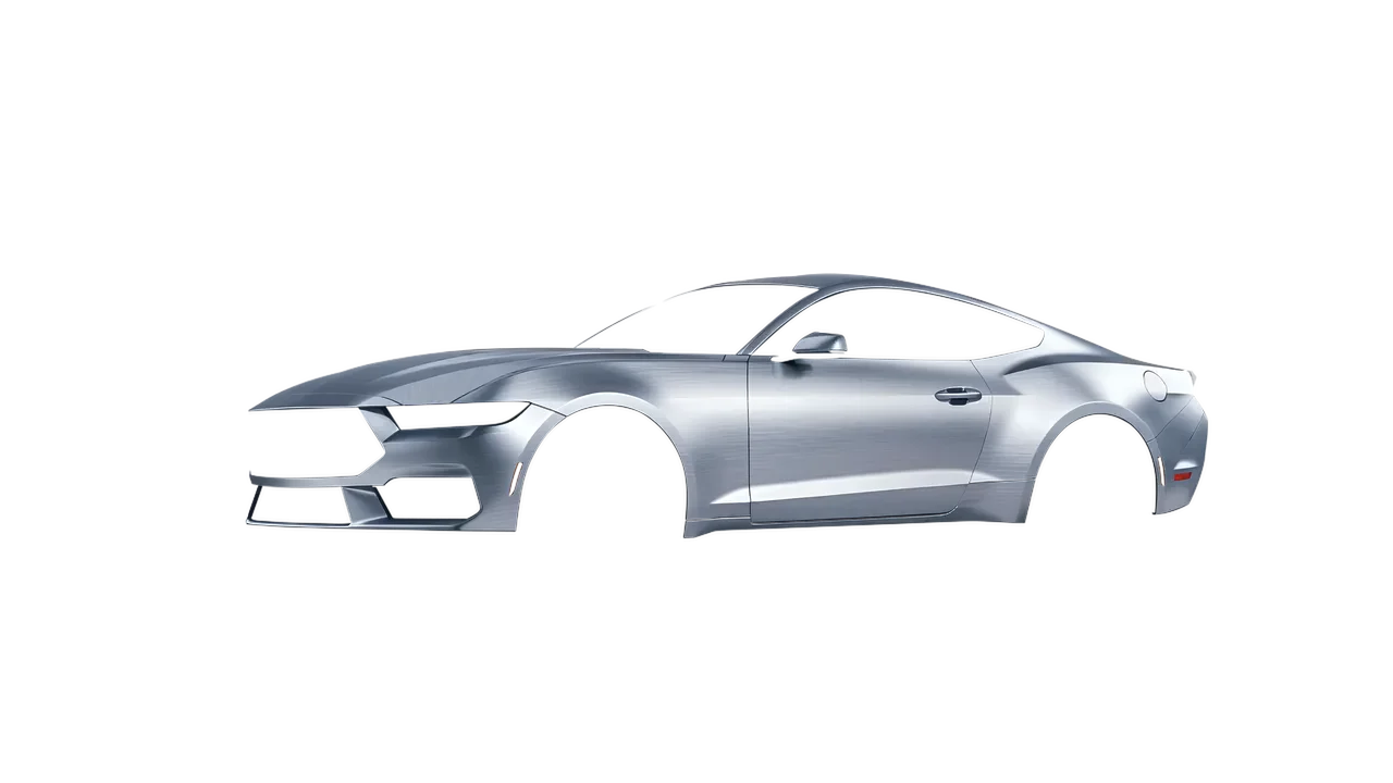 Ford Mustang 2024 wrapped in Brushed Aluminum (Avery Dennison SW900-812-X), front three-quarter view
