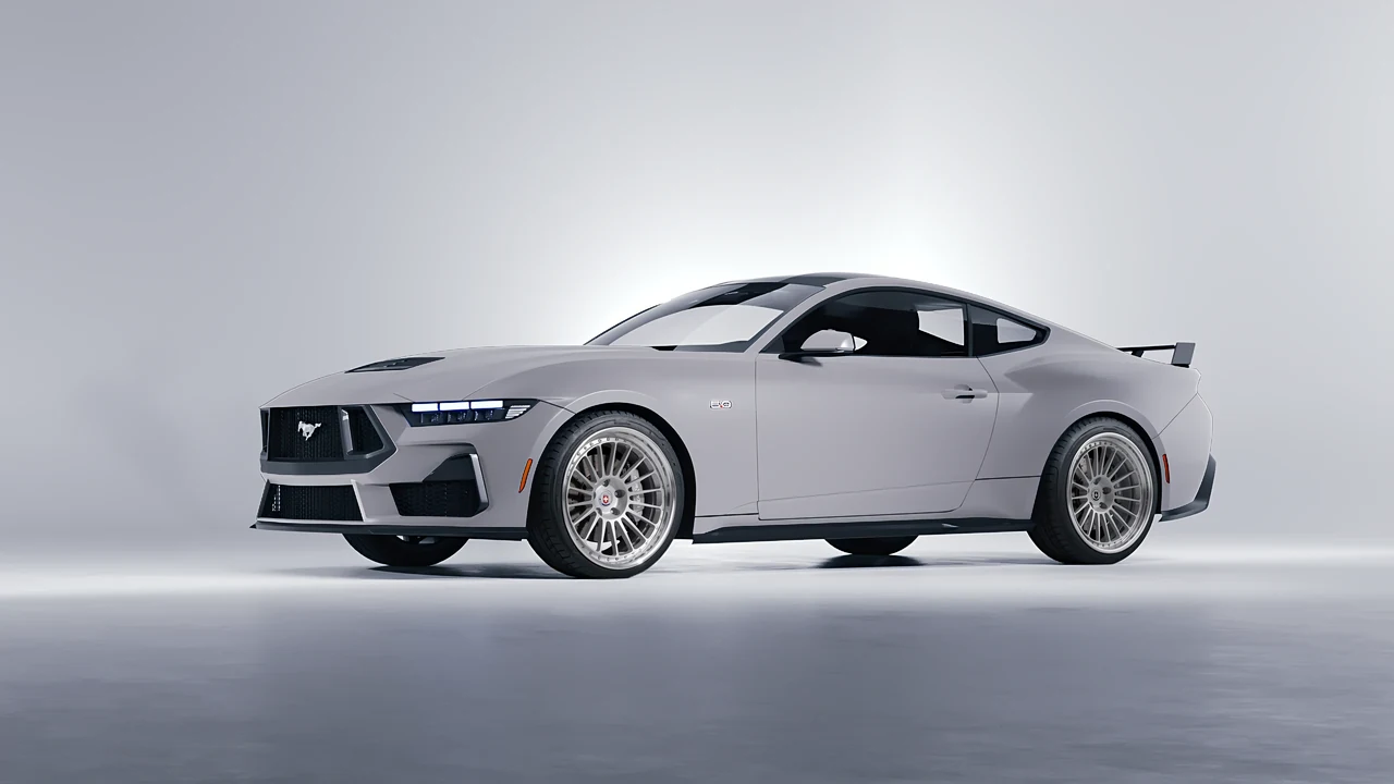 Ford Mustang GT 2024 on HRE Performance Wheels 309 forged wheels, front three-quarter view