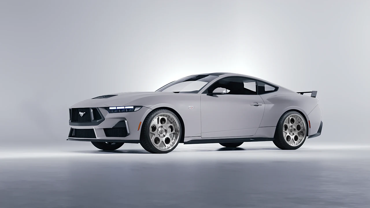Ford Mustang GT 2024 on HRE Performance Wheels 454 forged wheels, front three-quarter view